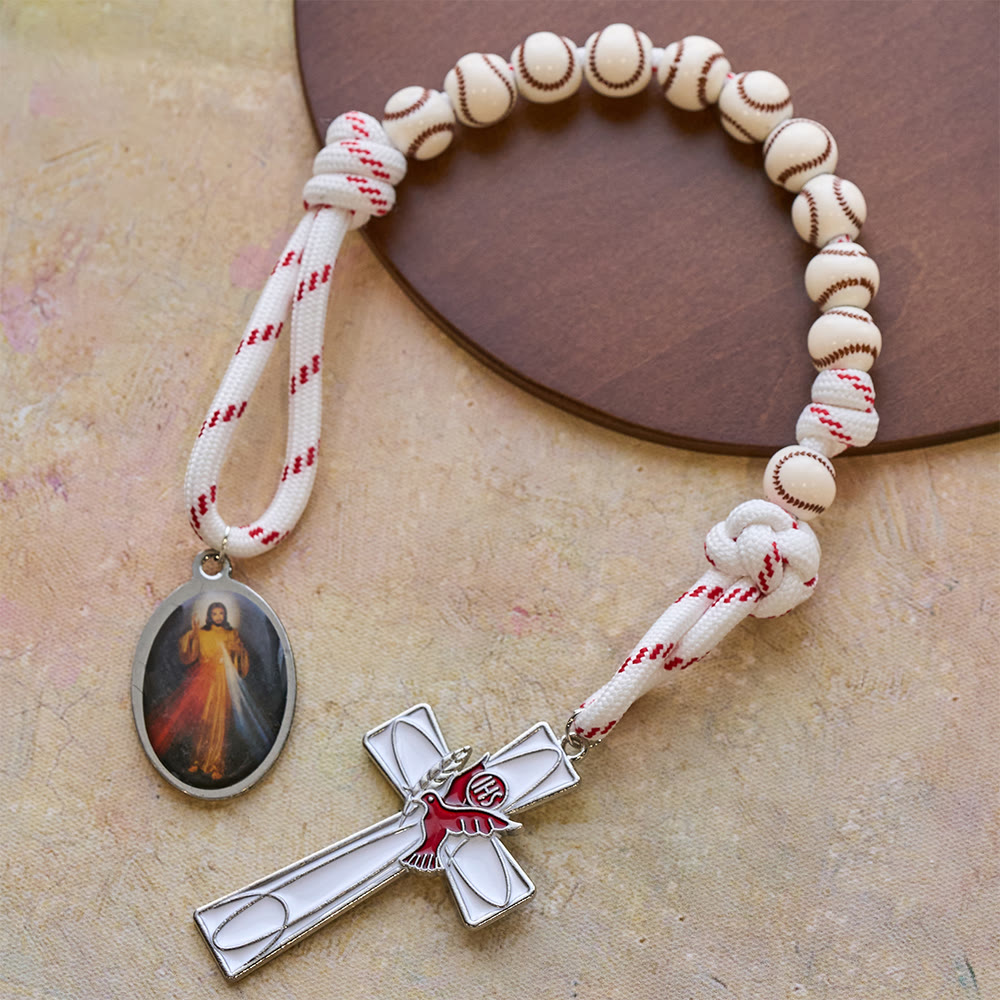 Christianartworkshop Rosario tascabile con perline da baseball, crocifisso a forma di colomba e medaglia della Divina Misericordia - Gesù e la croce - image 0
