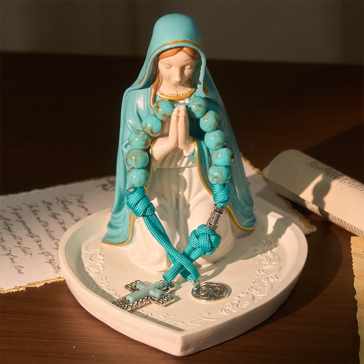 Rosario tascabile con perline acriliche turchesi Christianartworkshop , medaglia di San Benedetto e croce intarsiata - image 2