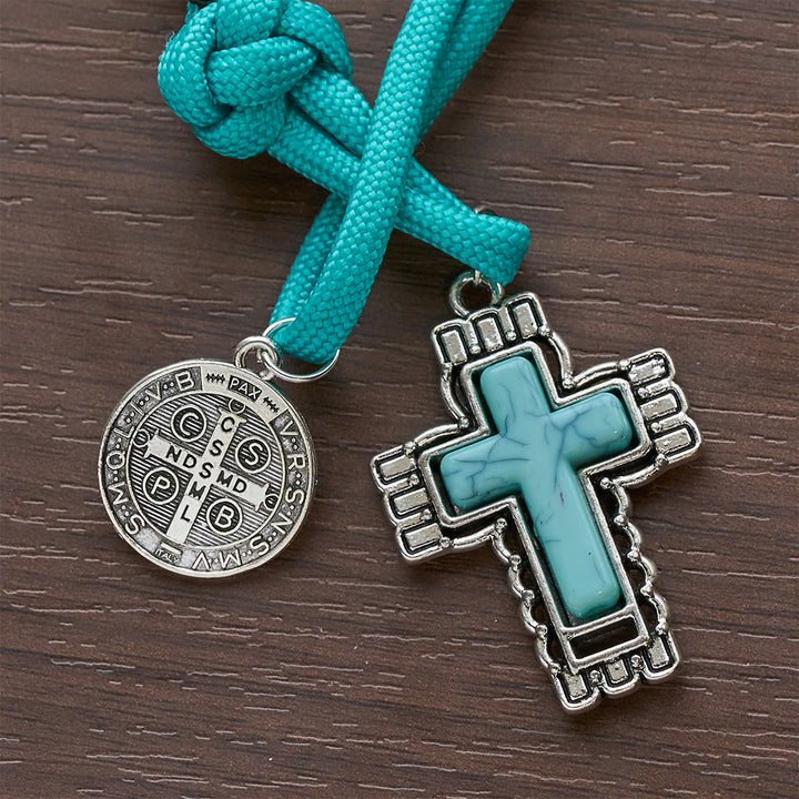 Rosario tascabile con perline acriliche turchesi Christianartworkshop , medaglia di San Benedetto e croce intarsiata - image 7