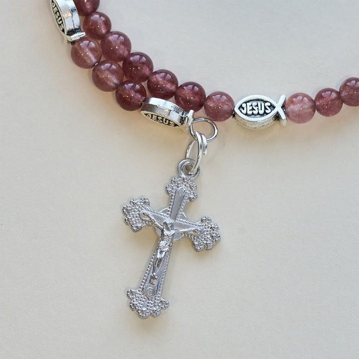 Christianartworkshop Bracciale in quarzo fragola con crocifisso e ciondolo Ichthys - image 7