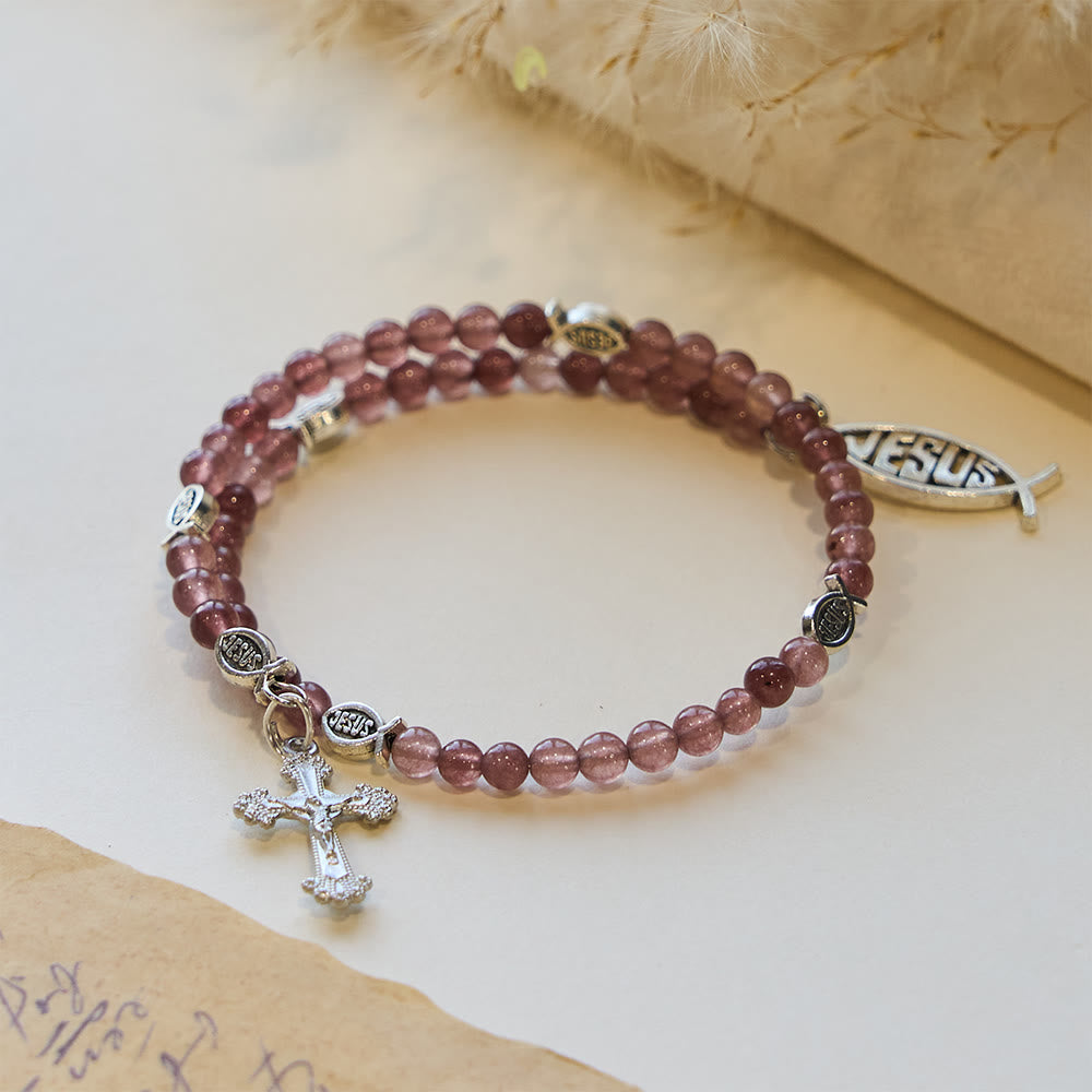 Christianartworkshop Bracciale in quarzo fragola con crocifisso e ciondolo Ichthys - image 3