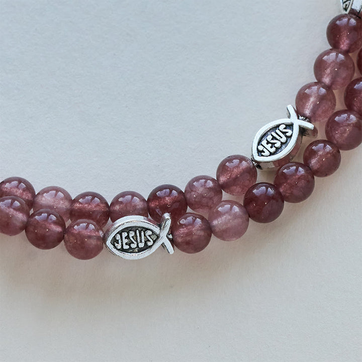Christianartworkshop Bracciale in quarzo fragola con crocifisso e ciondolo Ichthys - image 5