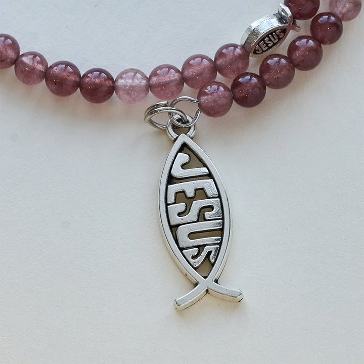 Christianartworkshop Bracciale in quarzo fragola con crocifisso e ciondolo Ichthys - image 6