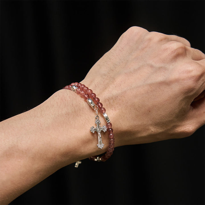 Christianartworkshop Bracciale in quarzo fragola con crocifisso e ciondolo Ichthys - image 1