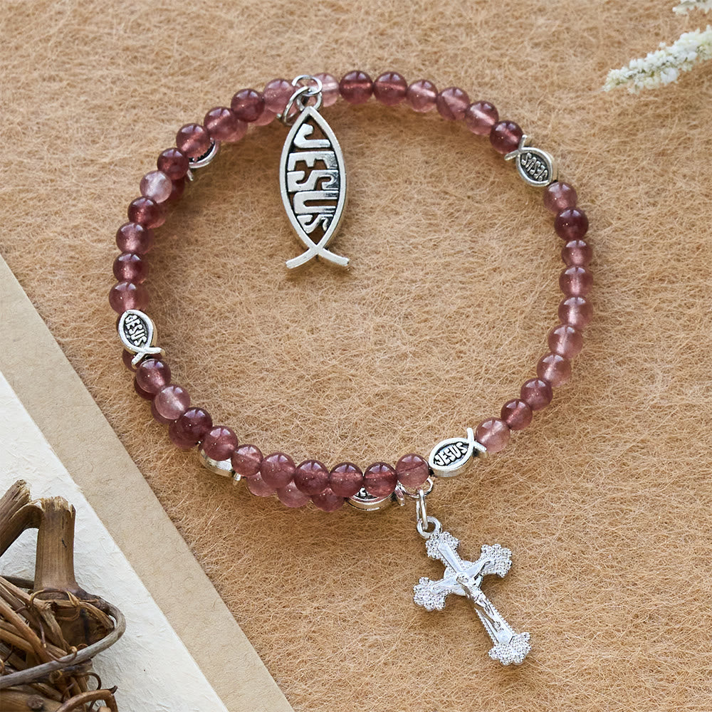 Christianartworkshop Bracciale in quarzo fragola con crocifisso e ciondolo Ichthys - Quarzo fragola - image 0