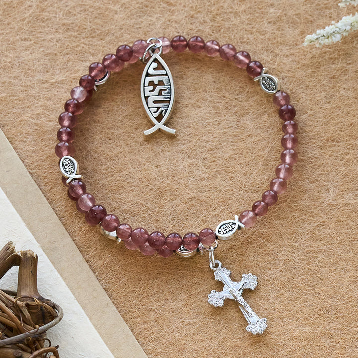 Christianartworkshop Bracciale in quarzo fragola con crocifisso e ciondolo Ichthys - Quarzo fragola - image 0