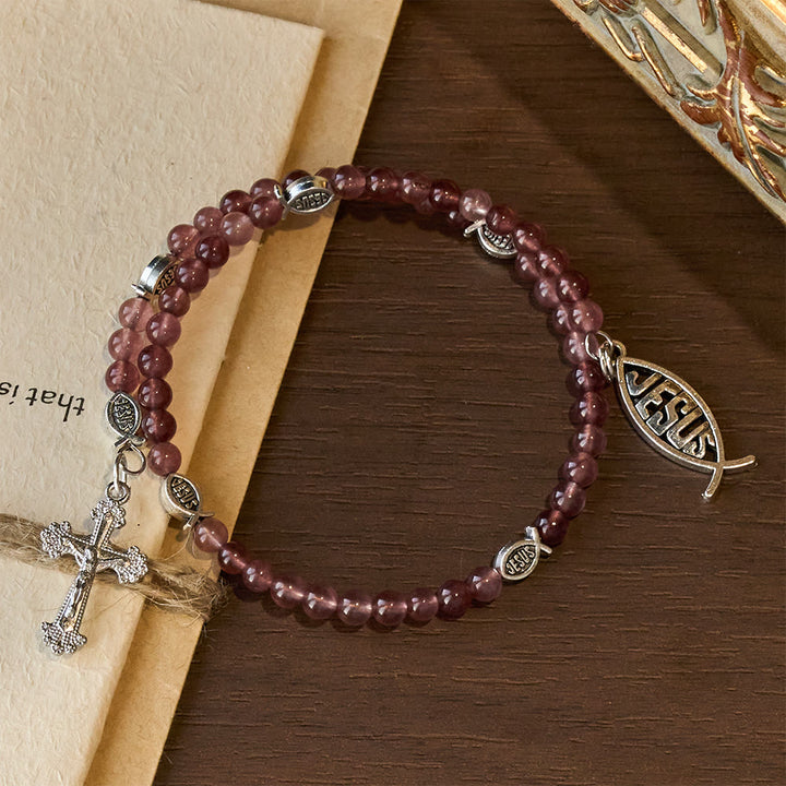 Christianartworkshop Bracciale in quarzo fragola con crocifisso e ciondolo Ichthys - image 2