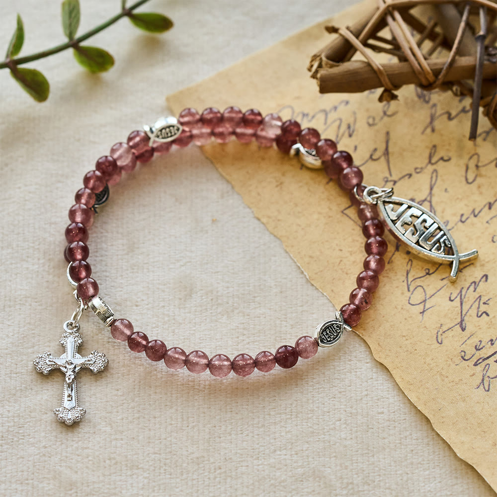 Christianartworkshop Bracciale in quarzo fragola con crocifisso e ciondolo Ichthys - image 4