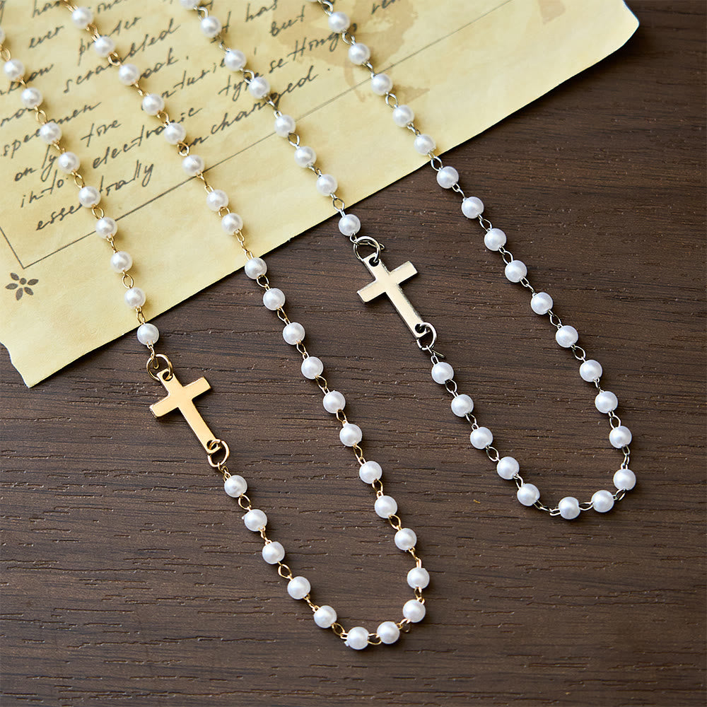Christianartworkshop Collana con perline bianche e croce: devozione elegante e grazia fedele - image 0