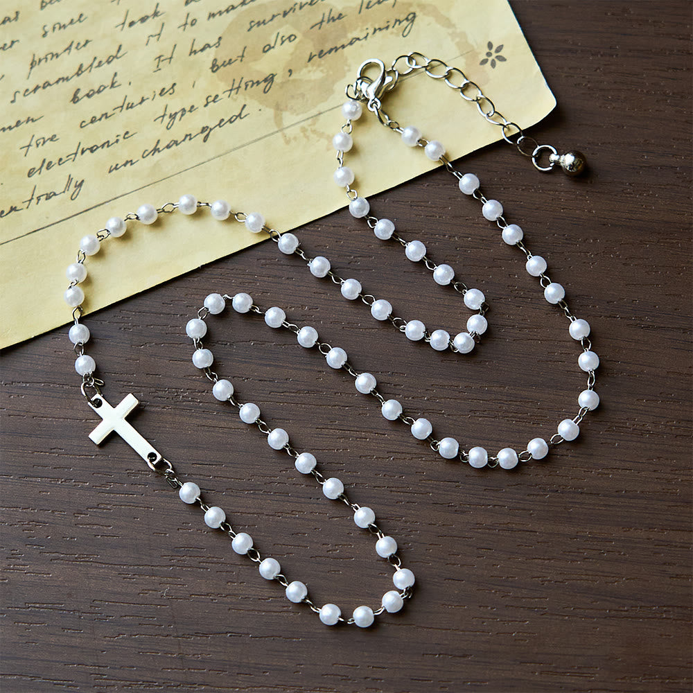 Christianartworkshop Collana con perline bianche e croce: devozione elegante e grazia fedele - Argento - image 1