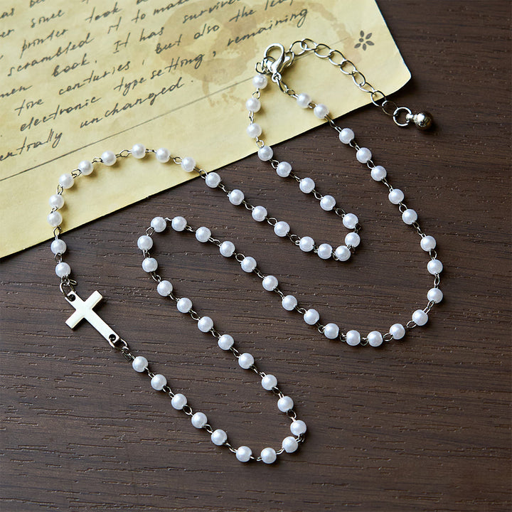 Christianartworkshop Collana con perline bianche e croce: devozione elegante e grazia fedele - Argento - image 1