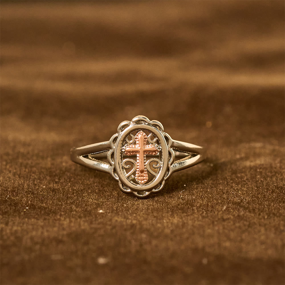 Christianartworkshop Anello con croce bicolore: gioielli religiosi in filigrana d'argento e oro rosa - image 1