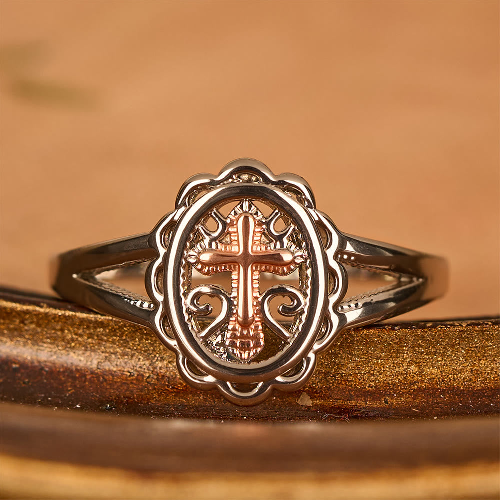 Christianartworkshop Anello con croce bicolore: gioielli religiosi in filigrana d'argento e oro rosa - Argento - US 10 - image 0