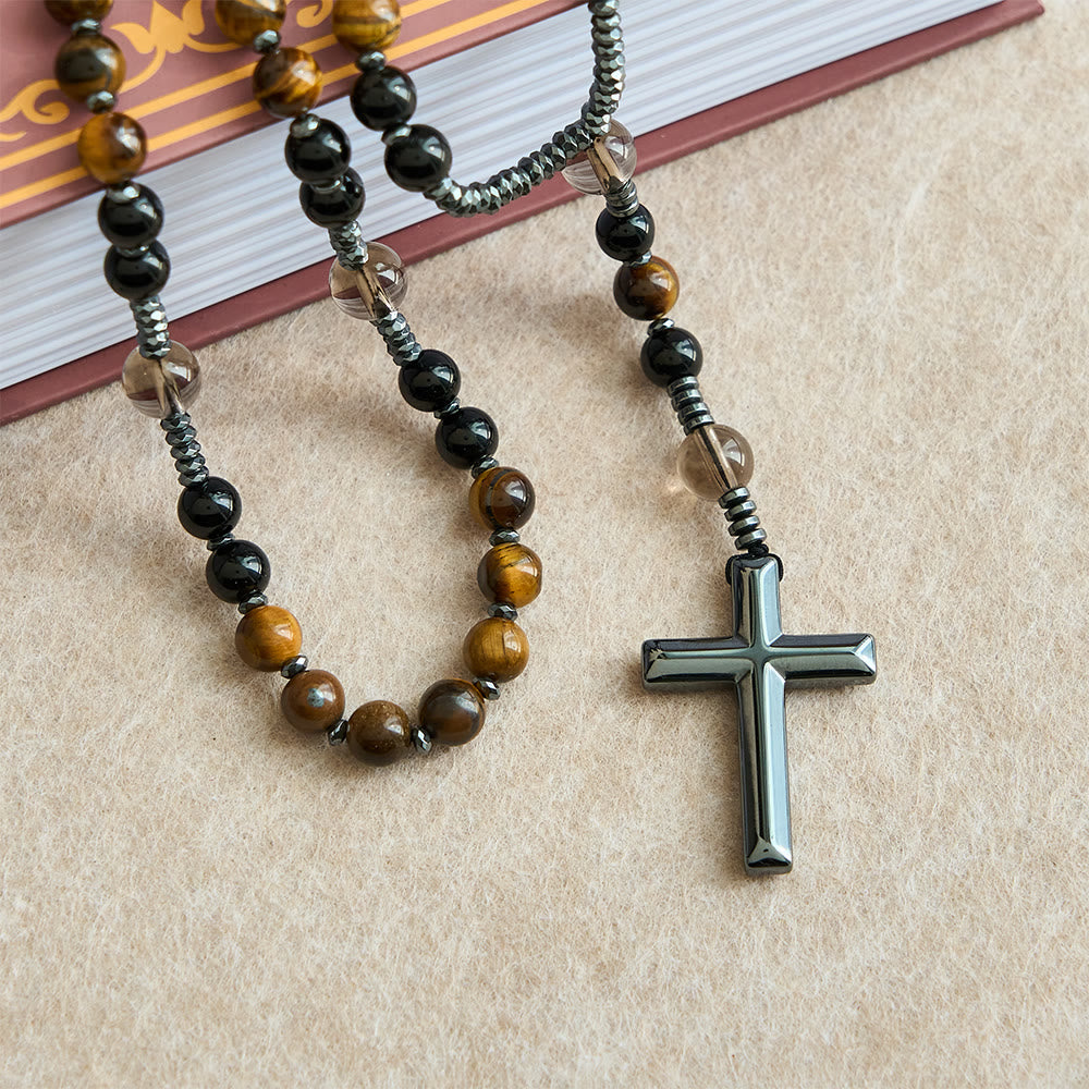 Collana del rosario in ossidiana naturale con occhio di tigre Christianartworkshop - Rosario di protezione con croce in pietra di ematite - image 6