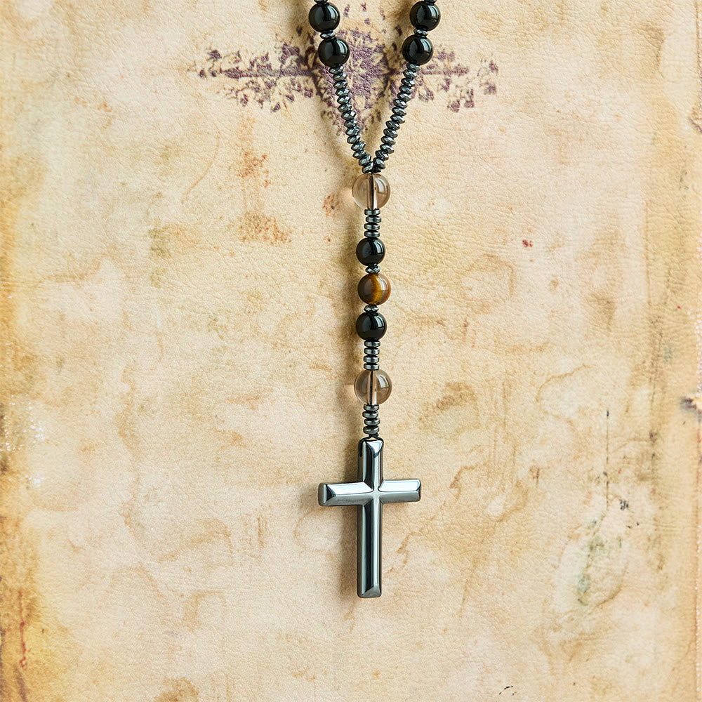 Collana del rosario in ossidiana naturale con occhio di tigre Christianartworkshop - Rosario di protezione con croce in pietra di ematite - image 7