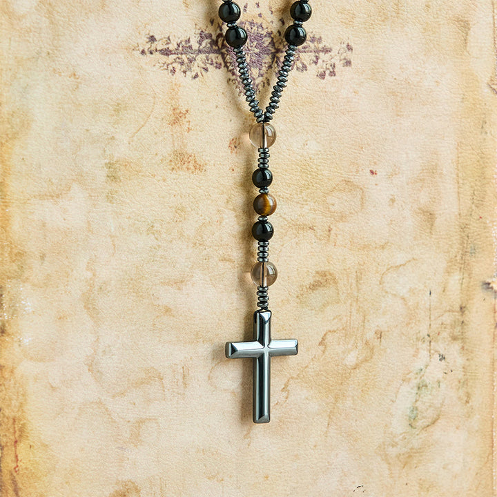 Collana del rosario in ossidiana naturale con occhio di tigre Christianartworkshop - Rosario di protezione con croce in pietra di ematite - image 7