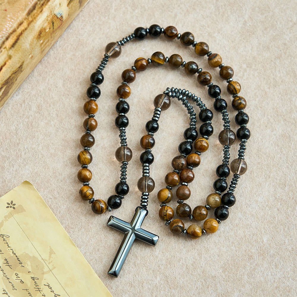 Collana del rosario in ossidiana naturale con occhio di tigre Christianartworkshop - Rosario di protezione con croce in pietra di ematite - image 1
