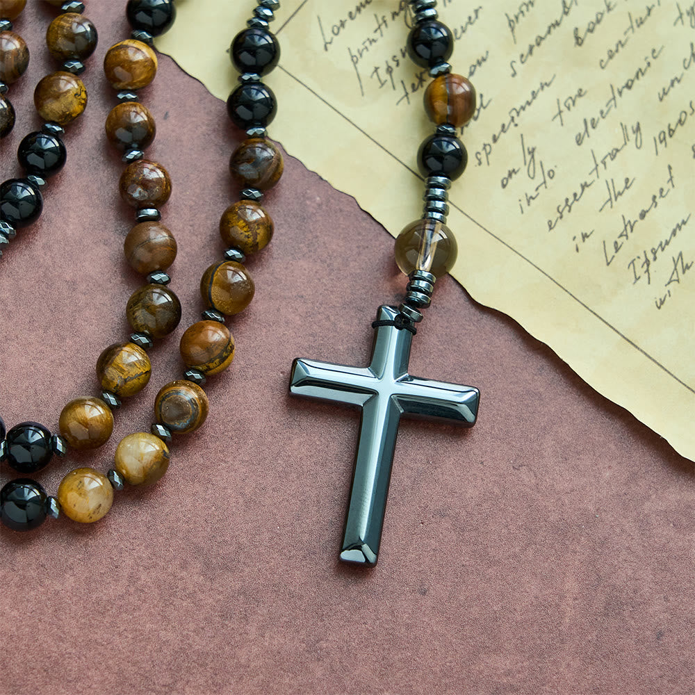 Collana del rosario in ossidiana naturale con occhio di tigre Christianartworkshop - Rosario di protezione con croce in pietra di ematite - image 5