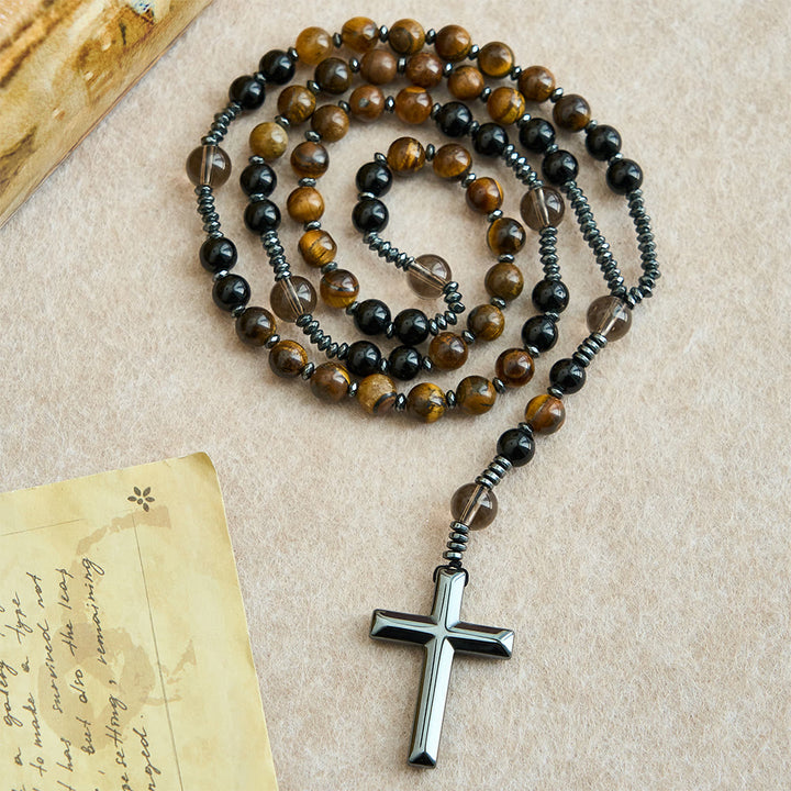 Collana del rosario in ossidiana naturale con occhio di tigre Christianartworkshop - Rosario di protezione con croce in pietra di ematite - image 2