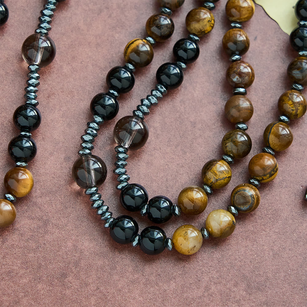 Collana del rosario in ossidiana naturale con occhio di tigre Christianartworkshop - Rosario di protezione con croce in pietra di ematite - image 3