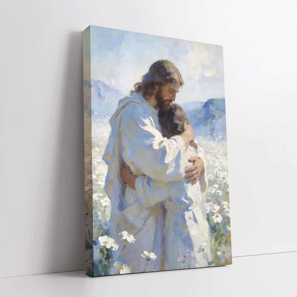Christianartworkshop Stampa artistica murale "Tenero abbraccio di Gesù in un campo di fiori": promemoria visivo del suo amore incondizionato - image 2