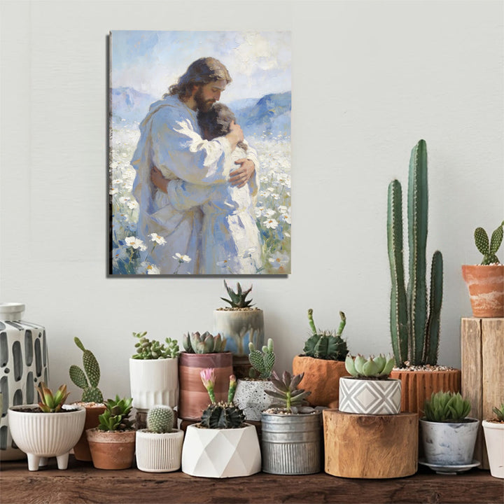 Christianartworkshop Stampa artistica murale "Tenero abbraccio di Gesù in un campo di fiori": promemoria visivo del suo amore incondizionato - image 6