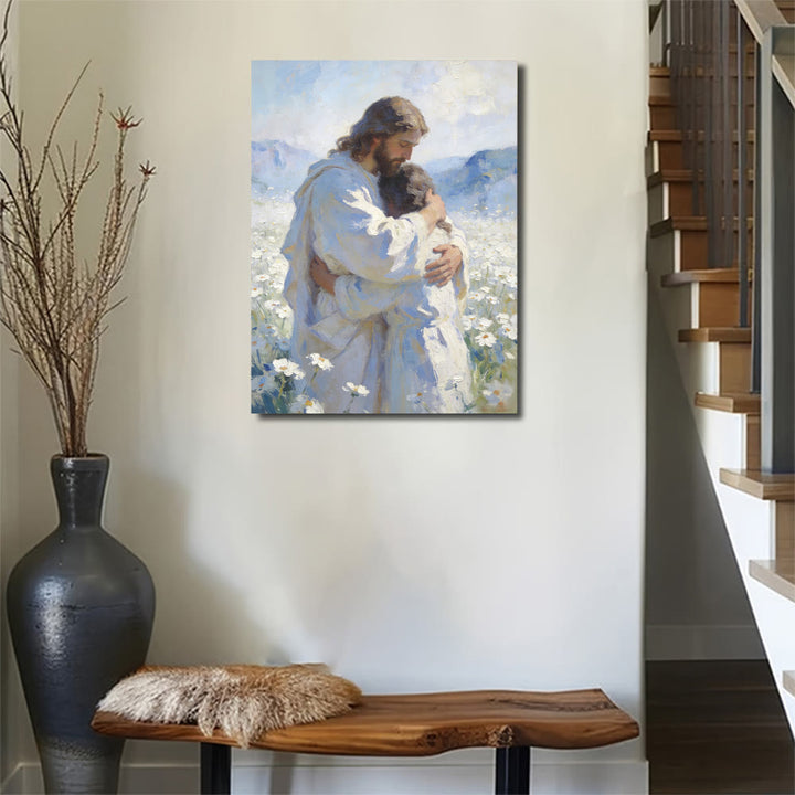 Christianartworkshop Stampa artistica murale "Tenero abbraccio di Gesù in un campo di fiori": promemoria visivo del suo amore incondizionato - image 4