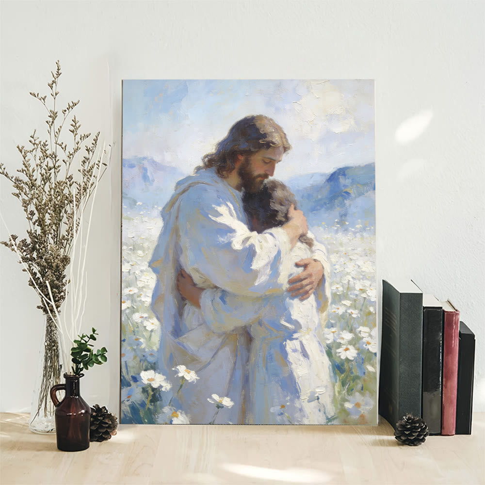 Christianartworkshop Stampa artistica murale "Tenero abbraccio di Gesù in un campo di fiori": promemoria visivo del suo amore incondizionato - image 7