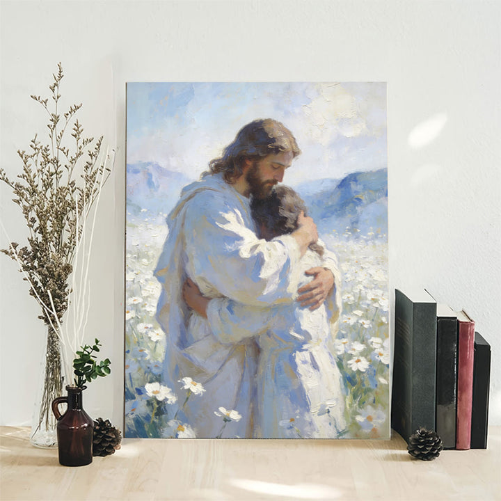 Christianartworkshop Stampa artistica murale "Tenero abbraccio di Gesù in un campo di fiori": promemoria visivo del suo amore incondizionato - image 7