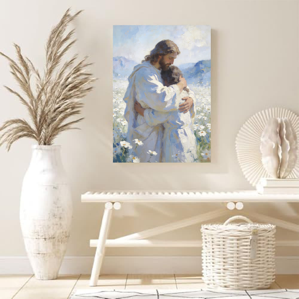 Christianartworkshop Stampa artistica murale "Tenero abbraccio di Gesù in un campo di fiori": promemoria visivo del suo amore incondizionato - image 3