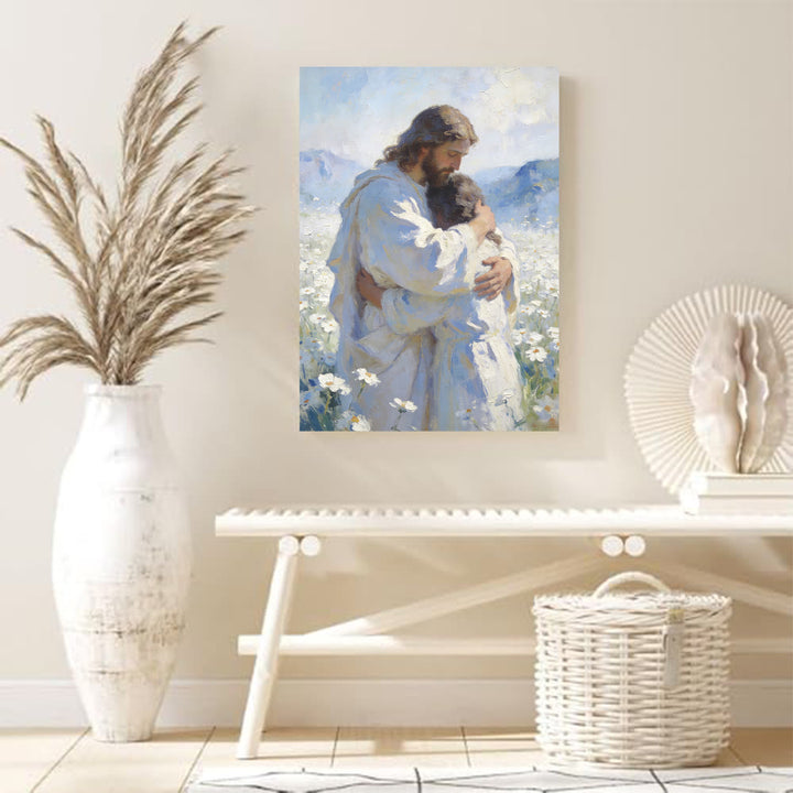 Christianartworkshop Stampa artistica murale "Tenero abbraccio di Gesù in un campo di fiori": promemoria visivo del suo amore incondizionato - image 3