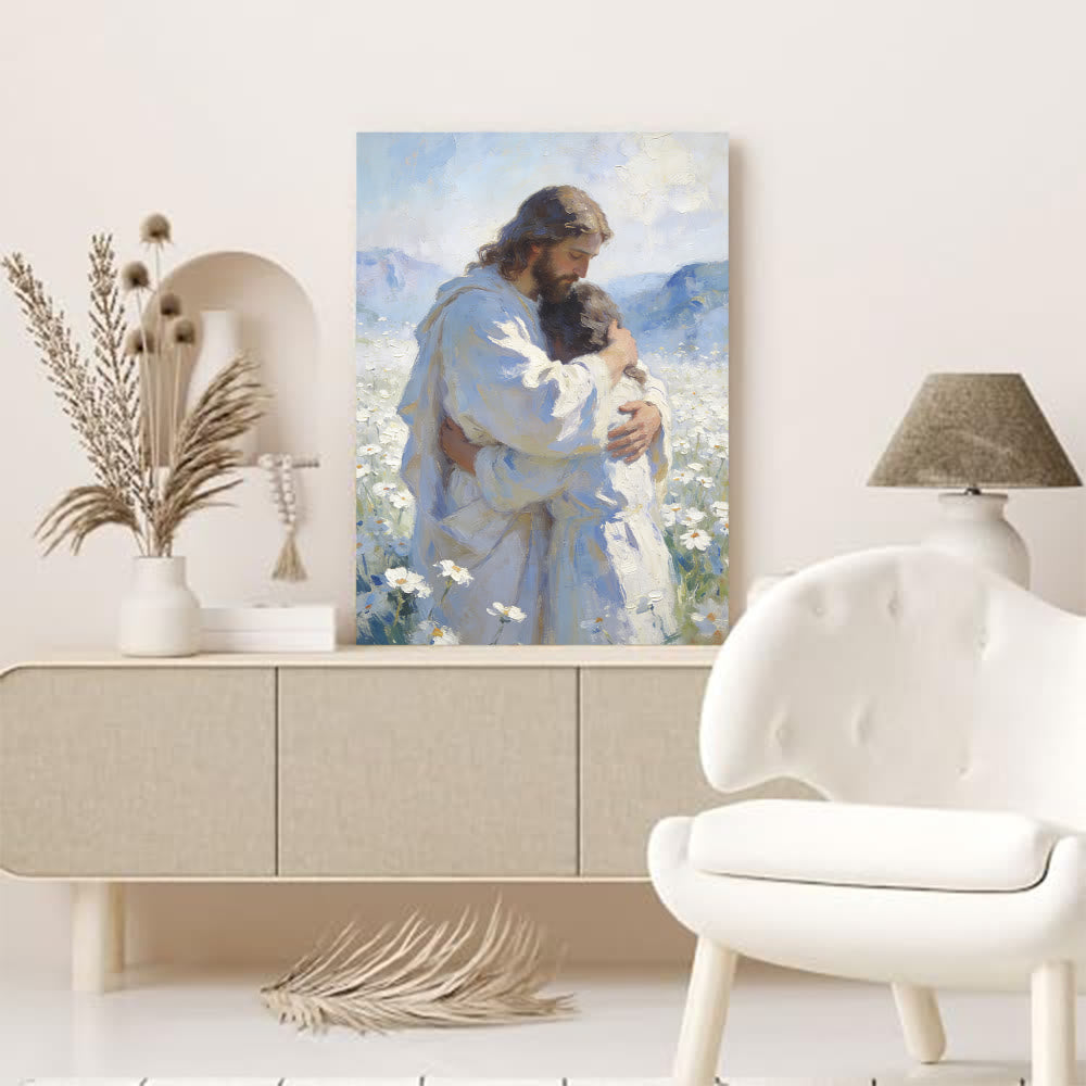 Christianartworkshop Stampa artistica murale "Tenero abbraccio di Gesù in un campo di fiori": promemoria visivo del suo amore incondizionato - image 1