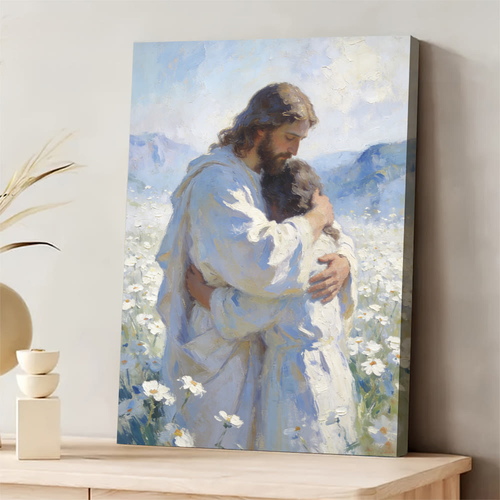Christianartworkshop Stampa artistica murale "Tenero abbraccio di Gesù in un campo di fiori": promemoria visivo del suo amore incondizionato - 11,81''*15,75''0,71"/30*40*1,8 cm - Dipinto su tela incorniciato - image 0