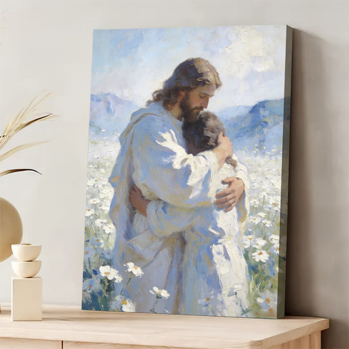 Christianartworkshop Stampa artistica murale "Tenero abbraccio di Gesù in un campo di fiori": promemoria visivo del suo amore incondizionato - 11,81''*15,75''0,71"/30*40*1,8 cm - Dipinto su tela incorniciato - image 0