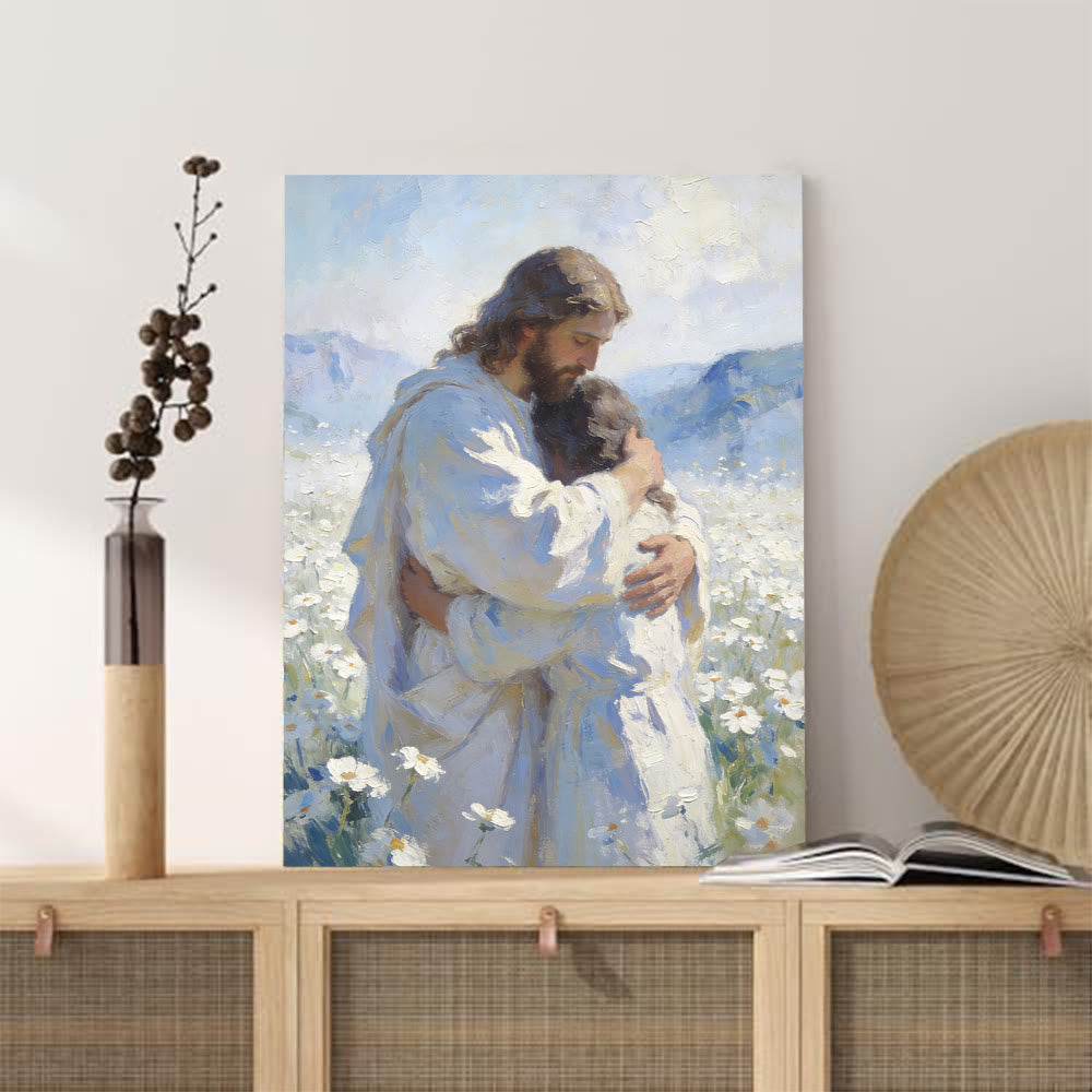 Christianartworkshop Stampa artistica murale "Tenero abbraccio di Gesù in un campo di fiori": promemoria visivo del suo amore incondizionato - image 5