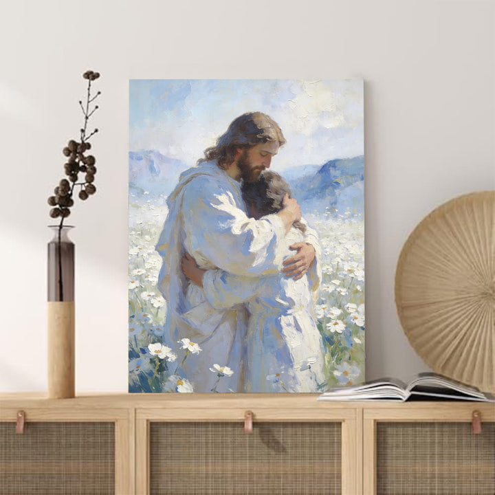 Christianartworkshop Stampa artistica murale "Tenero abbraccio di Gesù in un campo di fiori": promemoria visivo del suo amore incondizionato - image 5