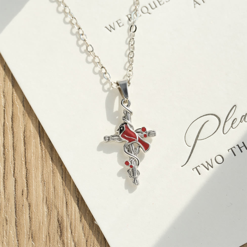 Christianartworkshop Collana con ciondolo a croce cardinale artigianale, collana con uccello rosso - image 1