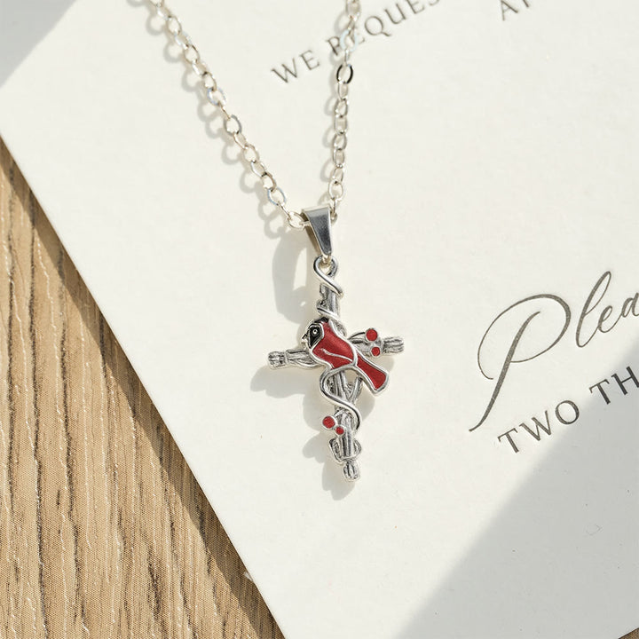 Christianartworkshop Collana con ciondolo a croce cardinale artigianale, collana con uccello rosso - image 1