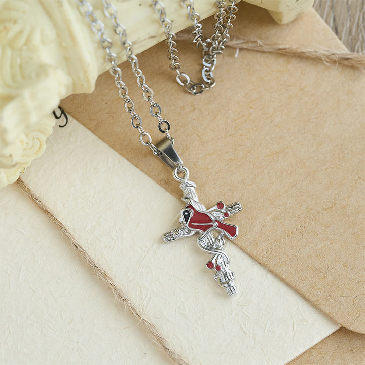 Christianartworkshop Collana con ciondolo a croce cardinale artigianale, collana con uccello rosso - image 2