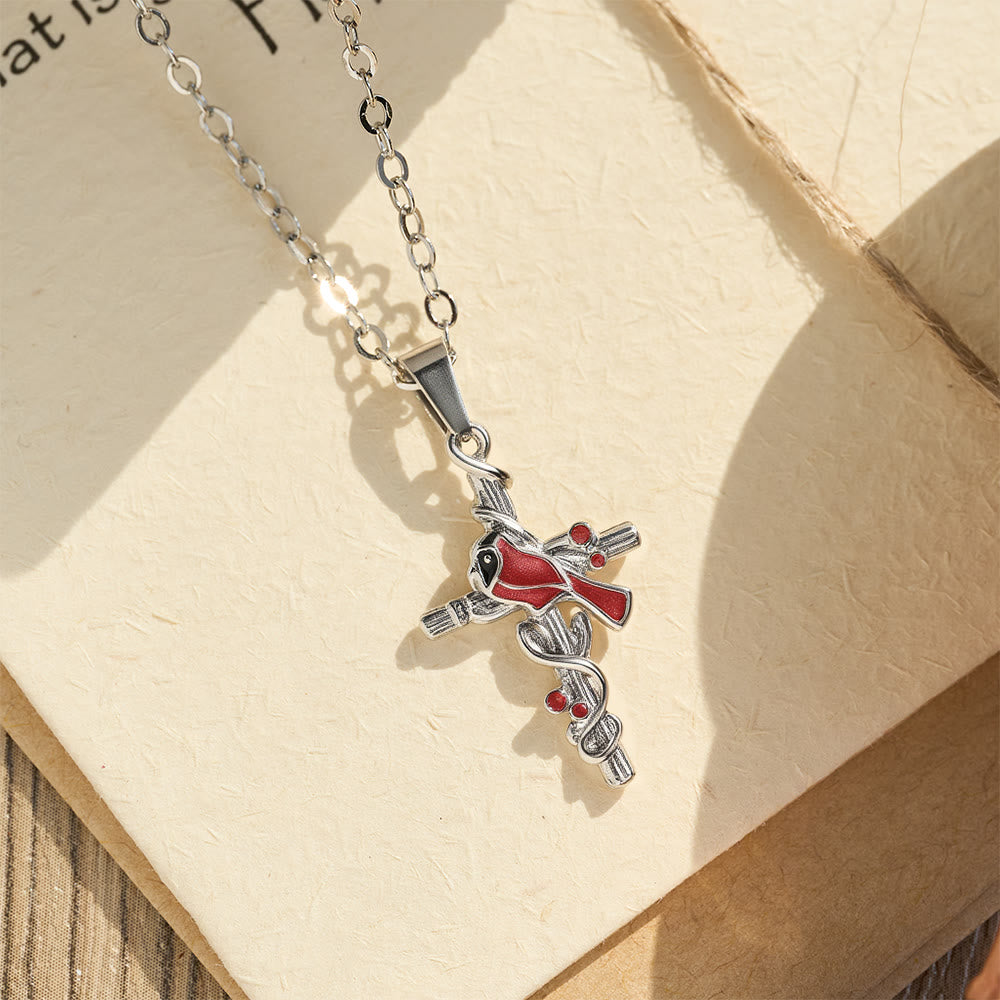 Christianartworkshop Collana con ciondolo a croce cardinale artigianale, collana con uccello rosso - Argento - image 0