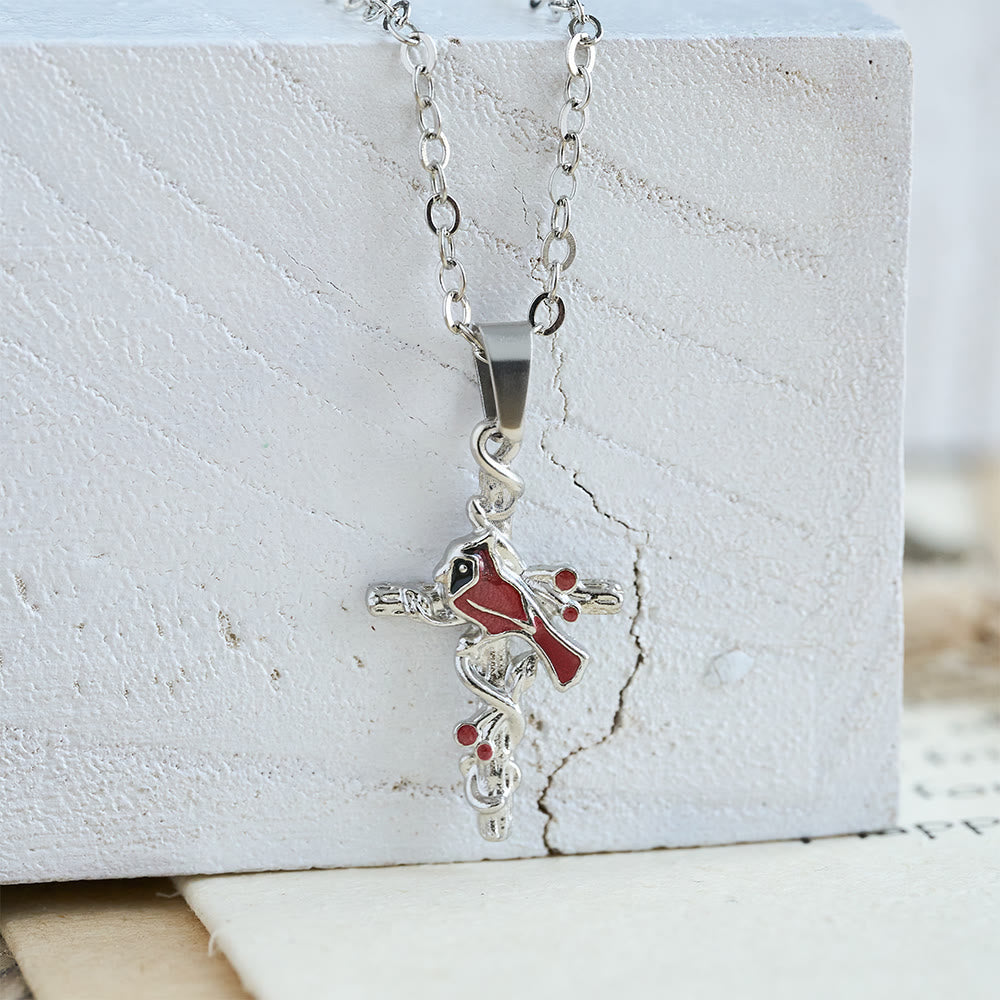 Christianartworkshop Collana con ciondolo a croce cardinale artigianale, collana con uccello rosso - image 4
