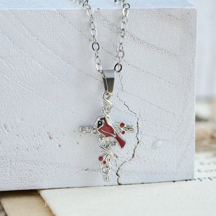 Christianartworkshop Collana con ciondolo a croce cardinale artigianale, collana con uccello rosso - image 4