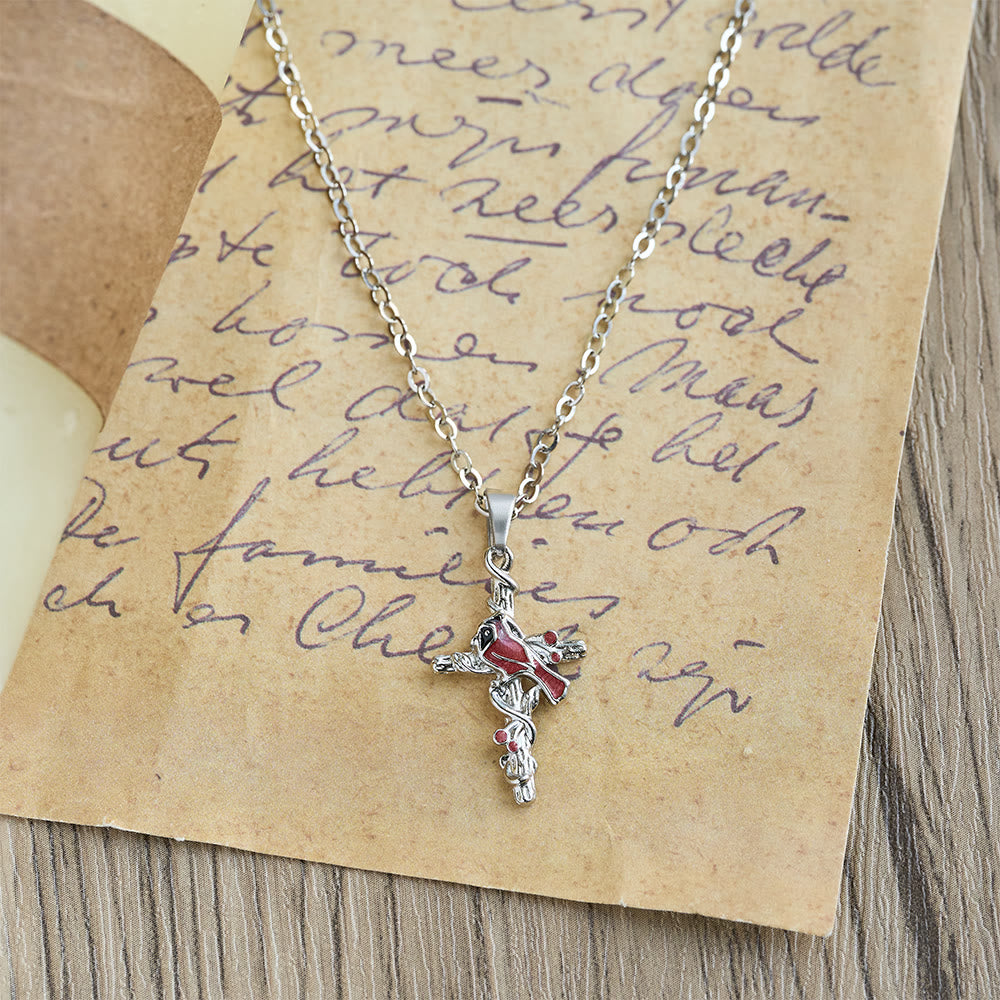 Christianartworkshop Collana con ciondolo a croce cardinale artigianale, collana con uccello rosso - image 5