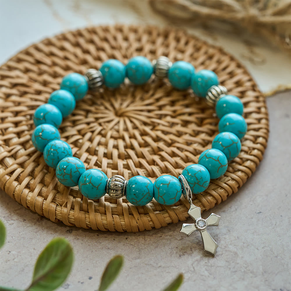 Bracciale con ciondolo a croce con perline turchesi fatto a mano Christianartworkshop - Perline turchesi - image 0