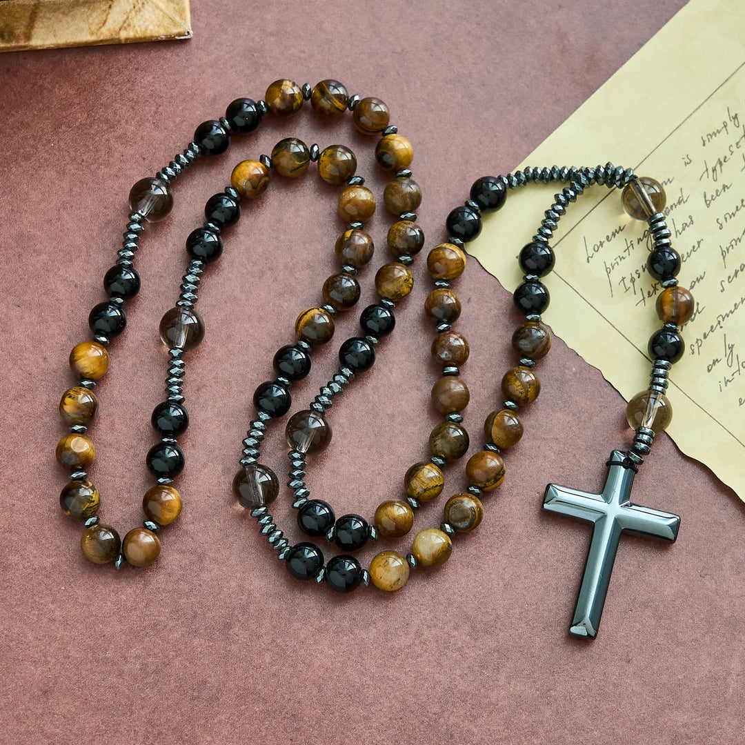 Collana del rosario in ossidiana naturale con occhio di tigre Christianartworkshop - Rosario di protezione con croce in pietra di ematite - Collana rosario in ossidiana naturale con occhio di tigre - image 0