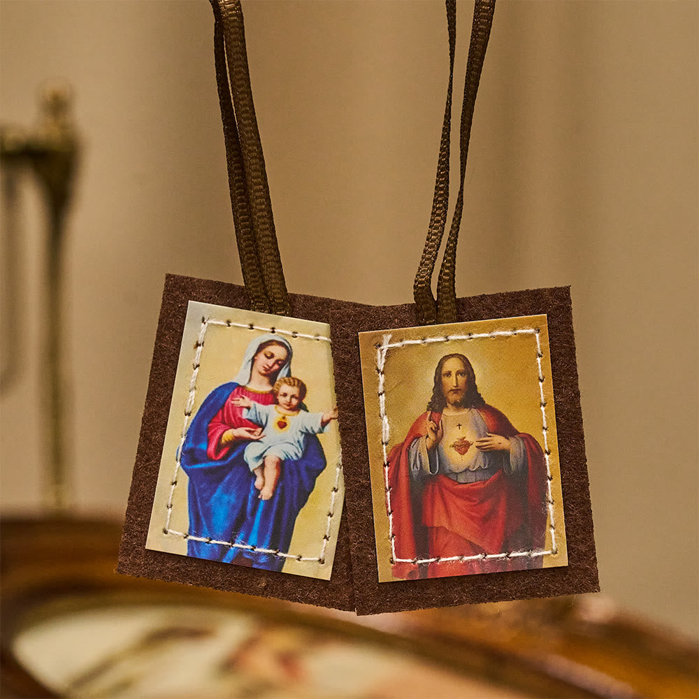 Christianartworkshop Scapolare in lana marrone benedetto del Sacro Cuore di Gesù e della Vergine Maria - Scapolare - image 0