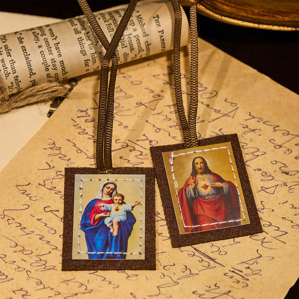 Christianartworkshop Scapolare in lana marrone benedetto del Sacro Cuore di Gesù e della Vergine Maria - image 1