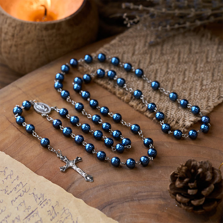 Rosario con perle blu reale, medaglia della Madonna e crocifisso - Blu reale - image 0