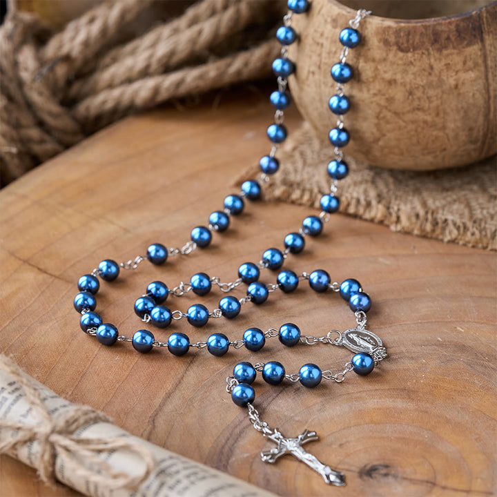 Rosario con perle blu reale, medaglia della Madonna e crocifisso - image 2