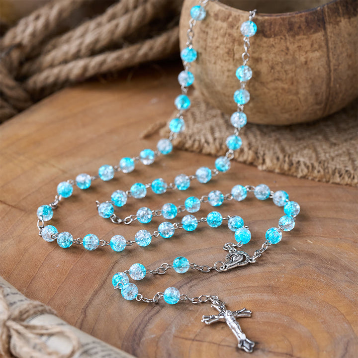 Rosario in perle di vetro blu celeste con cuore di Gesù e crocifisso - Azzurro cielo - image 0